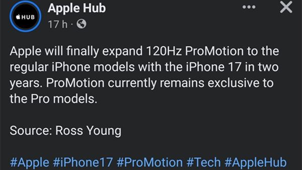 iPhone 17 Series Predicted to Bring 120Hz ProMotion Display to Standard Models in 2025